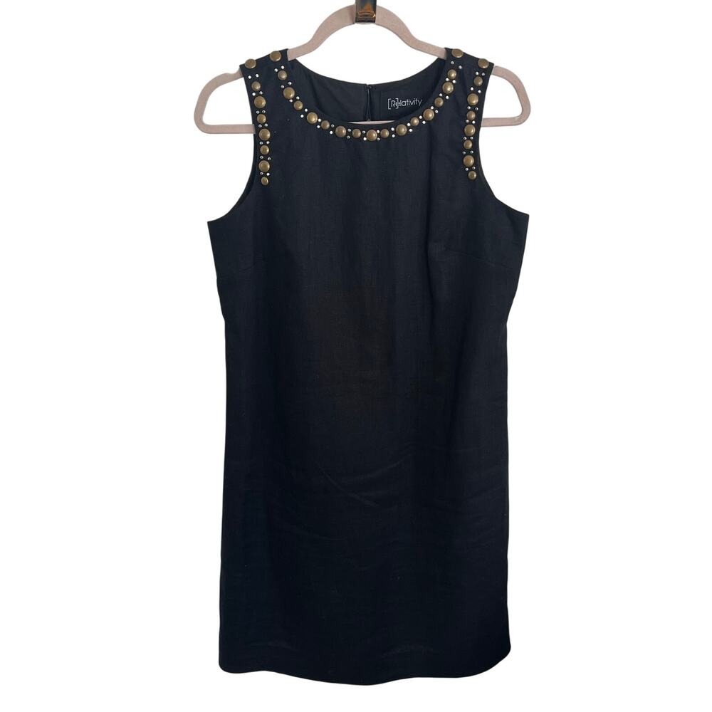 Black Linen Blend Dress Gold Hardware Neckline 10P